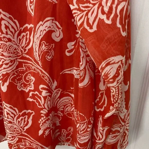 Evereve orange and white floral print long sleeve tie front top, size x small - Picture 3 of 12
